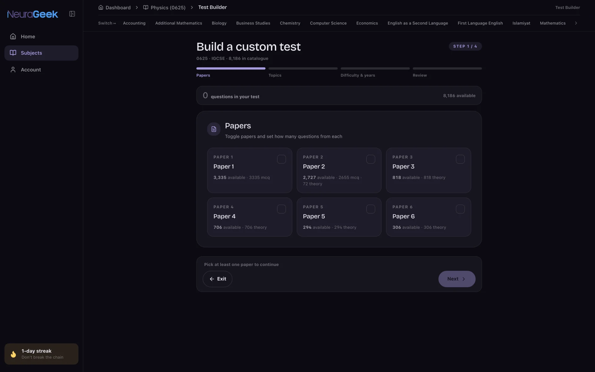 Test Builder: Start from the source papers available for that subject